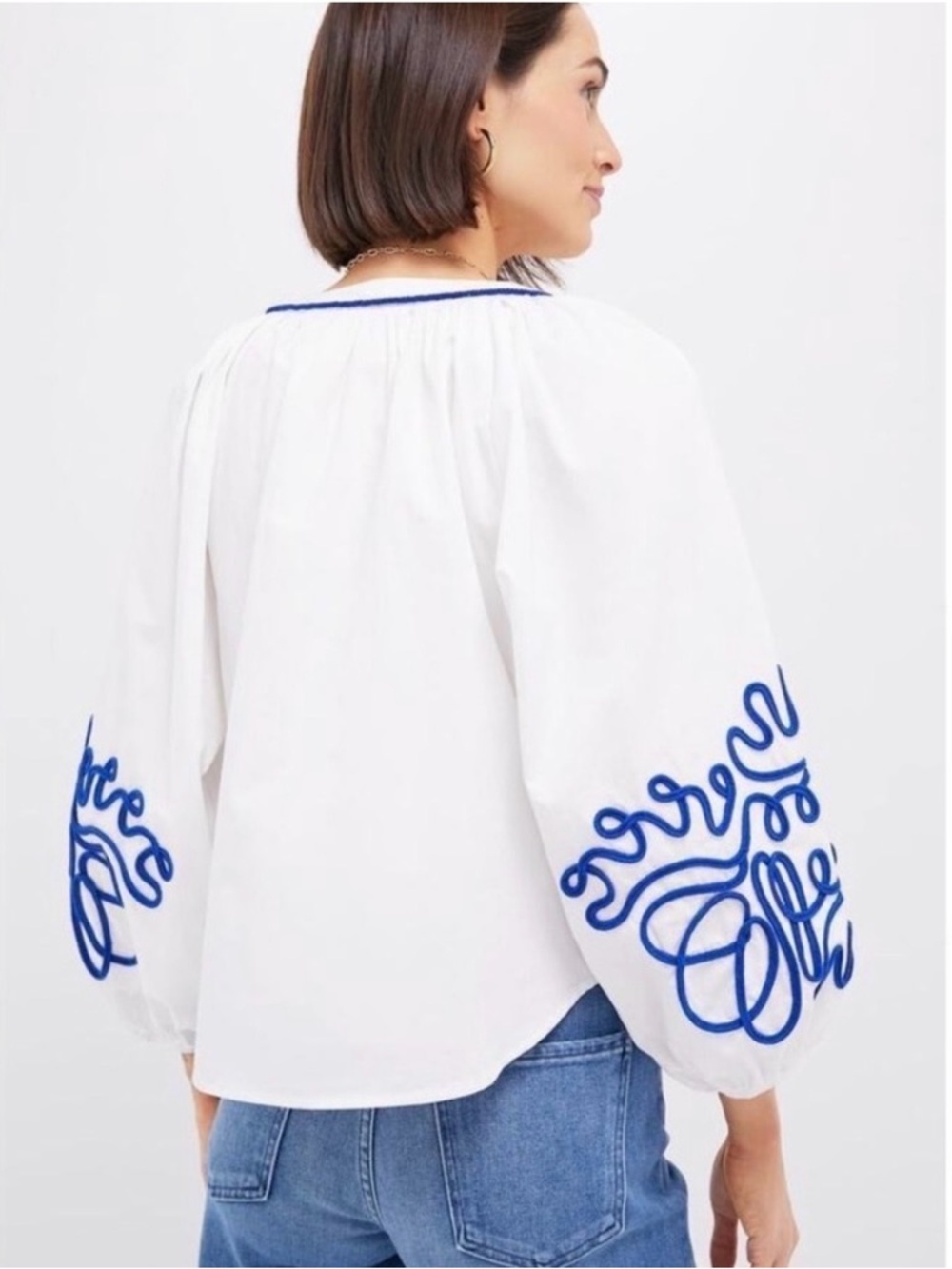 Tuckernuck Hyacinth House White Royal Blue Soutache Stella Blouse Embroidered M - Picture 2 of 11